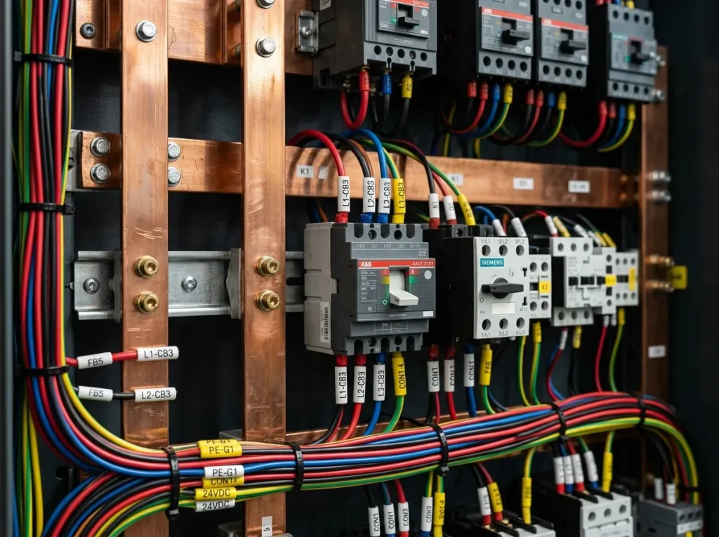 Busbar, circuit breaker and wiring detail inside a control panel