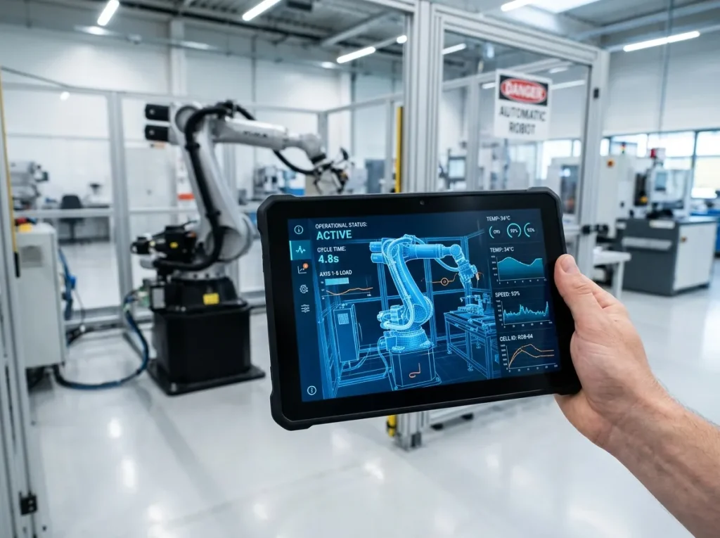 Tablet üzerinde robot hücresinin dijital ikizi